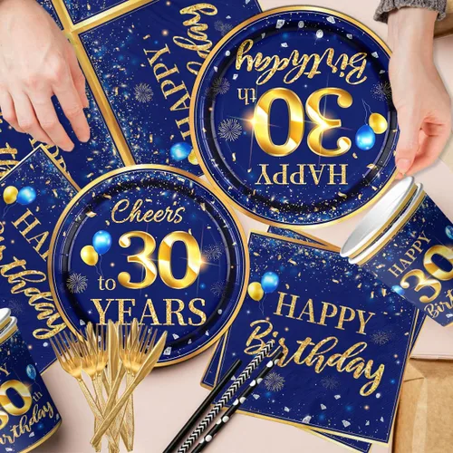 Miniatura 5 de Decoración de 30 cumpleaños para hombres - Juego de 142 piezas de vajilla de cumpleaños azul marino y dorado (sirve para 20) Incluye pancarta feliz