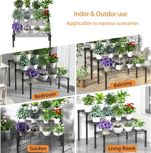 Miniatura 5 de Xiofio Escalera de 3 niveles en maceta, múltiples plantas para soportes de plantas de interior y exterior, estantes ajustables y estantes