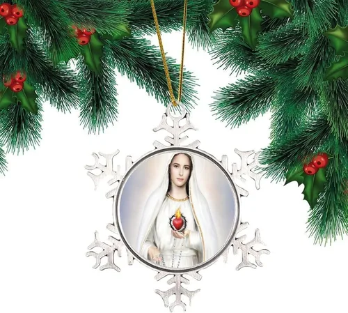 Adornos metálicos de copo de nieve de Nuestra Señora de Fátima, adorno de Navidad, recuerdo, regalo, adornos colgantes para decoración de árbol de