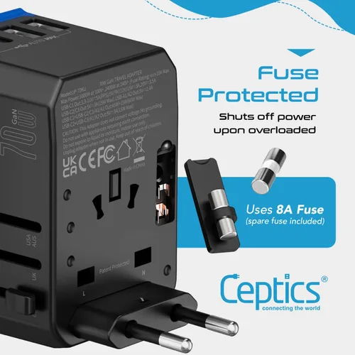 Miniatura 5 de Ceptics Adaptador de enchufe de viaje internacional mundial de 70 W - Potente tecnología GaN con Pd y QC 3.0 Dual 3X USB-C Power - 2 puertos USB
