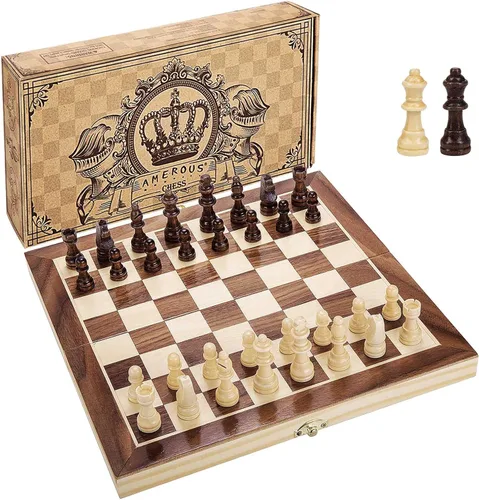 Miniatura 8 de AMEROUS Juego de ajedrez magnético de madera de 12 x 12 pulgadas para niños y 6 años en adelante, 2 reinas adicionales, tablero plegable con ranuras