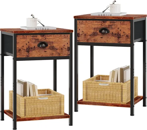 Miniatura 13 de Furologee Mesita de noche con cajón de tela y estante de almacenamiento, mesa auxiliar pequeña para espacios pequeños, mesa auxiliar industrial de 2