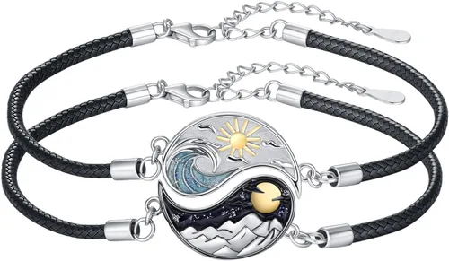 Miniatura 8 de Yin Yang - Pulsera de plata de ley 925 para parejas, árbol de la vida, luna de sol, montaña, abulón de loto, joyería para mujeres, hombres, parejas