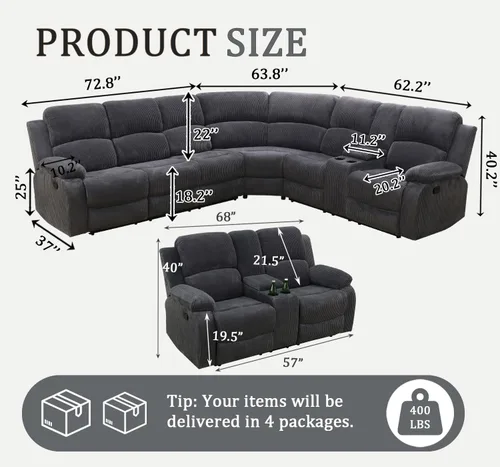 Miniatura 2 de Juego de sofá modular reclinable manual para sala de estar, sofá reclinable en forma de L, seccional de cuero con portavasos/almacenamiento