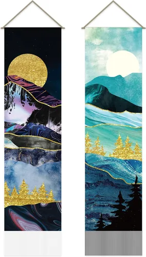 Miniatura 9 de AHANDMAKER 2 tapices de flores y hojas, tapiz de sol y luna, psicodélico largo vertical para colgar en la pared, tapices de estética botánica, tapiz