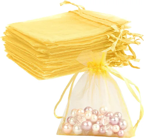 Bolsas de organza doradas, 50 unidades, bolsas transparentes de 3 x 4 pulgadas para joyas y recuerdos de fiesta con cordón, mini bolsas de regalo de