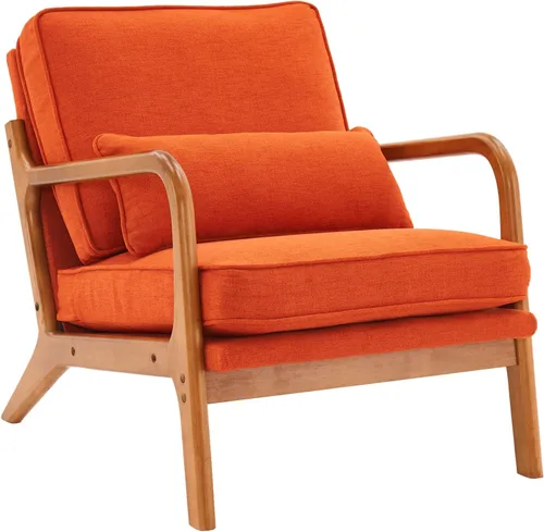 Miniatura 22 de SSLine Sillón tapizado moderno de tela de lino suave con almohada y marco de madera de roble, cómodo sofá individual con respaldo alto, silla