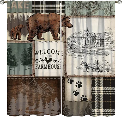 Miniatura 12 de Cortinas rústicas de alce y oso, tratamiento retro para ventana de cabaña de oso salvaje para dormitorio, cocina, cortinas de estilo rústico Retro
