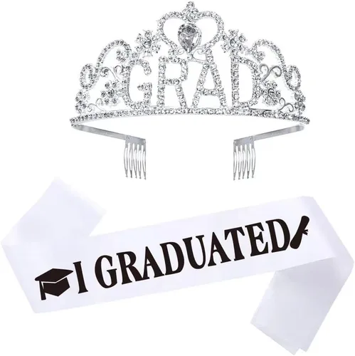 Suministros para fiesta de graduación 2026, tiara plateada de corona de princesa graduada y banda blanca graduada para niñas, estudiantes