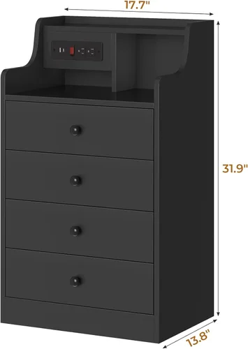 Miniatura 3 de ADORNEVE Mesita de noche grande con estación de carga, mesita de noche negra para dormitorio, mesa auxiliar alta con aparador y 4 cajones, mesa