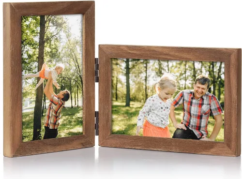 Miniatura 27 de Marco de fotos doble de 4 x 6 pulgadas con bisagras horizontales, marco de fotos plegable en madera de pino negro con vidrio real para mesa