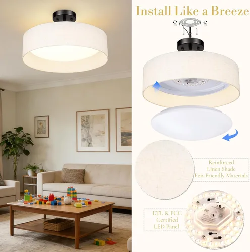 Miniatura 15 de Hamilyeah Lámpara de techo semiempotrada con pantalla de tela blanca, lámparas LED de 12 pulgadas para montaje en techo, lámpara de techo LED