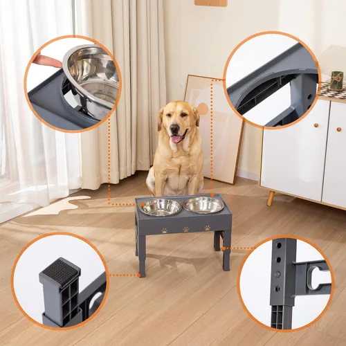 Miniatura 3 de Cuencos elevados para perros con 2 cuencos de acero inoxidable, soporte ajustable de 5 alturas (3.1 pulgadas, 9 a 12 pulgadas), para una mejor Gris