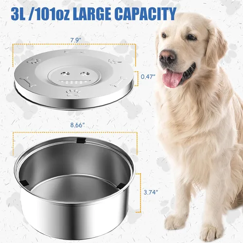Miniatura 6 de Dispensador de agua para perros de 3 litros, cuencos de agua antiderrames para perros y comedero lento de acero inoxidable para perros, dispensador