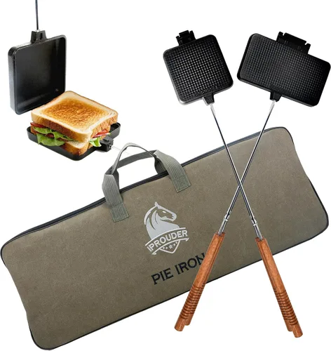 Miniatura 8 de Campfire Pie Iron - Sandwichera grande de hierro fundido de 4.9 pulgadas para camping, 2 piezas con bolsa de almacenamiento, asas gruesas de 22.6