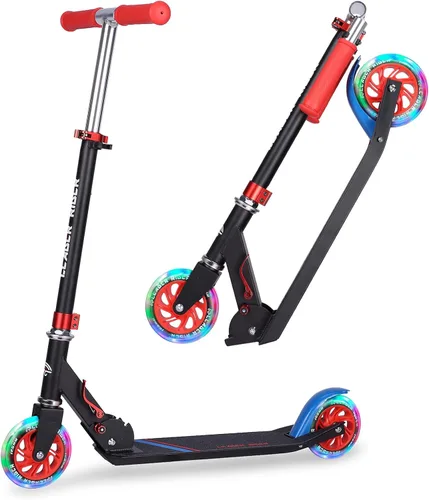 Kick Scooter - Scooter portátil plegable para niños, diseño plegable ligero con alta visibilidad RGB iluminado LED en ruedas Rojo RGB