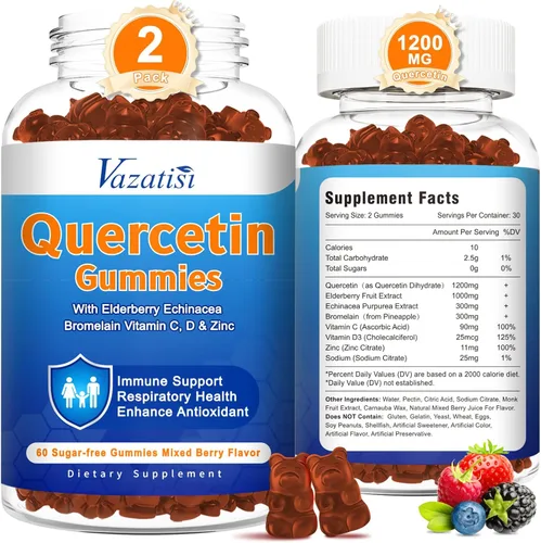 Paquete de 2 quercetina con gomitas de bromelina, quercetina con vitamina C, zinc y saúco para el sistema inmunológico y alergias, gomitas