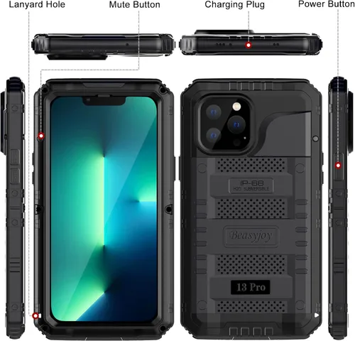 Miniatura 8 de Beasyjoy - Funda impermeable para iPhone 13 Pro, carcasa de metal con protector de pantalla integrado, carcasa protectora de cuerpo completo de Negro