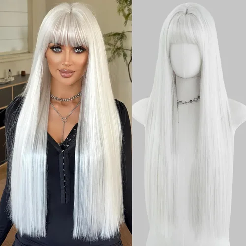 Miniatura 10 de 7JHH WIGS - Peluca de cabello sintético largo y liso con flequillo para mujer, aspecto natural (22 pulgadas, té negro)