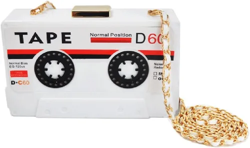Miniatura 9 de QZUnique Bolso de hombro en forma de cinta con grabador de radio PU Crossbody bolso de noche retro para mujer, bolso de mano