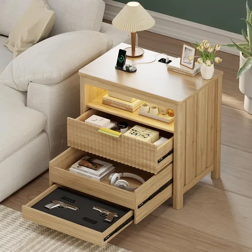 Miniatura 14 de HNEBC Mesita de noche con cajones para armas, mesita de noche de granja con estación de carga, mesita de noche secreta con luz automática de 3