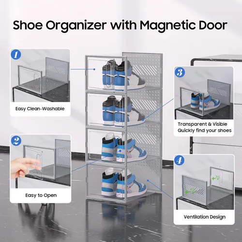Miniatura 7 de eWonLife Caja Organizadora de Zapatos Grande con Puerta Magnética, Juego de 12 Contenedores Apilables de Plástico Transparente para Zapatos, Conecta