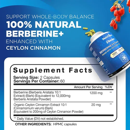 Miniatura 2 de Nutrivein Berberina Premium 1200 mg con Canela de Ceilán - 120 Cápsulas: Suplemento de berberina de alta absorción para defensas, digestión