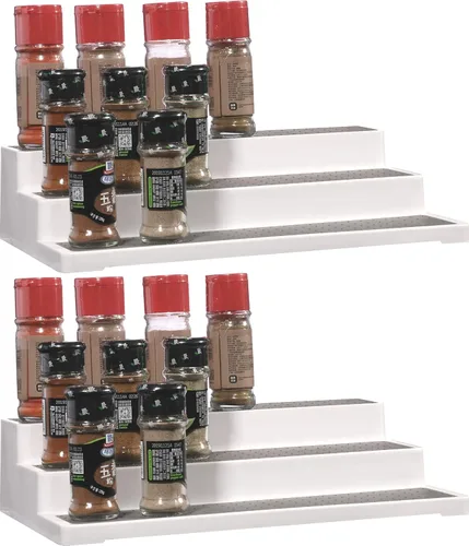 Cq acrylic Paquete de 2 organizadores de especias para despensa, organizador de condimentos escalonados de 14.5 pulgadas para gabinete, color blanco