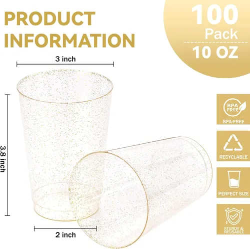 Miniatura 5 de Supernal 100 piezas de 10 onzas de vasos de plástico con purpurina dorada, vasos desechables con purpurina, vasos desechables de plástico, vasos