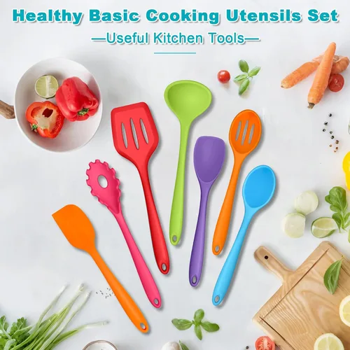 Miniatura 7 de TeamFar Utensilios de cocina de silicona, juego de utensilios de cocina de 7 piezas con cuchara giratoria, espátula cucharón, perfecto para hornear
