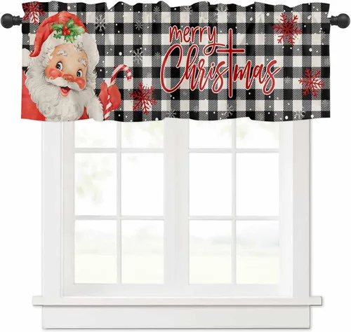 Cenefa de Ventana Feliz Navidad Xmas Papá Noel con Bolsillo para Barra Cortina Corta para Ventanas, 42x12 pulgadas Cenefa de Cocina Vintage a