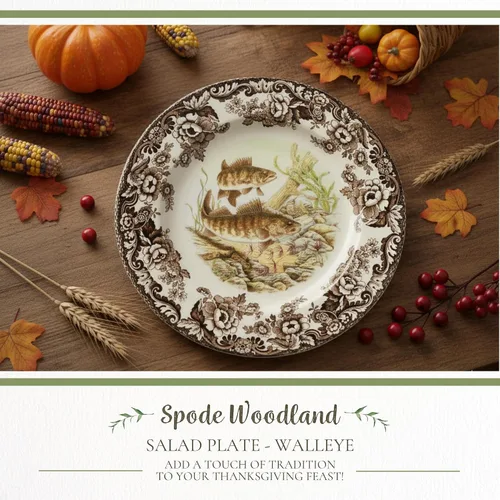 Miniatura 2 de Spode Woodland - Plato de ensalada de porcelana fina, diseño de lucioperca con borde floral marrón, vajilla clásica de campo inglés para cenas