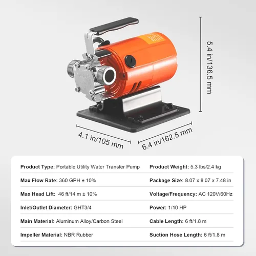 Miniatura 7 de Happybuy Bomba de transferencia de agua, 120V CA 360 GPH, 1/10 HP, Bomba eléctrica portátil, Kit de manguera de succión, cepillos de carbono