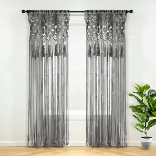 Lush Decor Panel Individual de Cortina de Ventana de Algodón con Borlas de Macramé Boho 40" W x 84" L Gris - Cortinas de Macramé para Ventanas -