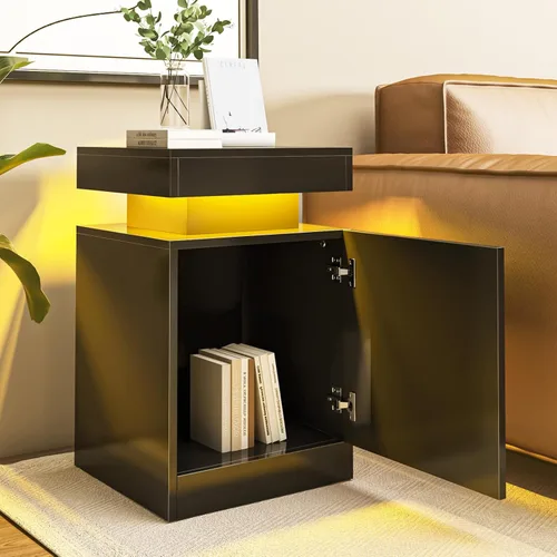 Miniatura 4 de oneinmil Juego de 2 mesitas de noche con luces LED, mesita de noche con armario de almacenamiento para dormitorio, mesita de noche con LED