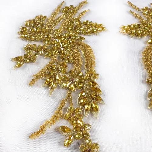 Miniatura 5 de Parches de diamantes de imitación hechos a mano, apliques de cuentas para decoración de vestidos de novia, apliques de flores de oro Oro-b