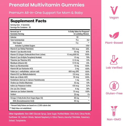 Miniatura 4 de Gomitas de vitaminas prenatales con DHA Vitaminas prenatales veganas para mujeres con Omega 3, metilfolato, colina y D3, vitaminas