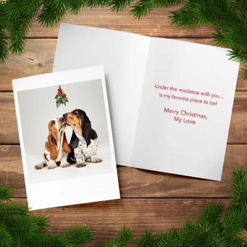 Miniatura 4 de Tarjetas fotográficas de Navidad, Basset Hounds bajo el muérdago (6 tarjetas con sobres blancos), perfectas para alguien especial