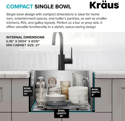 Miniatura 7 de Kraus Standart PRO - Fregadero de cocina de acero inoxidable de calibre 16 con tazón individual para bar, montaje superior/inferior de 18 pulgadas