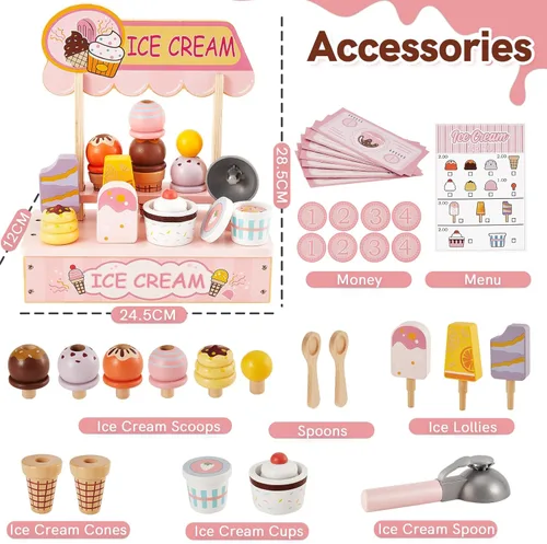 Miniatura 5 de HERSITY - Mostrador de Helado de Madera para Juego Simulado de Comida para Niños de 3 a 5 años, Juego de Tienda de Helados y Paleta de Juguete
