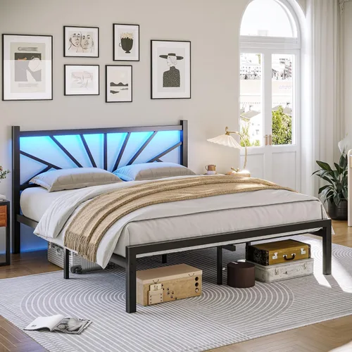 Miniatura 21 de Homkdom Marco de cama de plataforma de metal tamaño Queen de 14 pulgadas con cabecero, marco de cama victoriano Queen con almacenamiento debajo