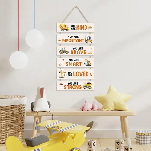 Miniatura 4 de HPNIUB Decoración de habitación de camiones de construcción para niños, con citas inspiradoras positivas, letrero de placa colgante, letrero