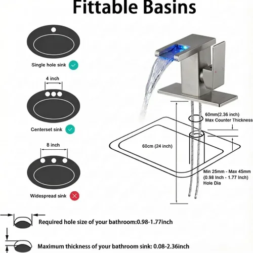 Miniatura 3 de AVSIILE Grifo LED para Lavabo de Baño, Cascada de Níquel Cepillado Mango de Un Solo Orificio Grifos de Tocador para Lavabos 1 Orificio con Desagüe