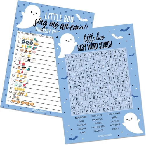 Miniatura 12 de DISTINCTIVS Blue Little Boo is Almost Due Halloween Boy Baby Shower Game Pack – 20 tarjetas de doble cara – Qué hay en tu teléfono y palabras