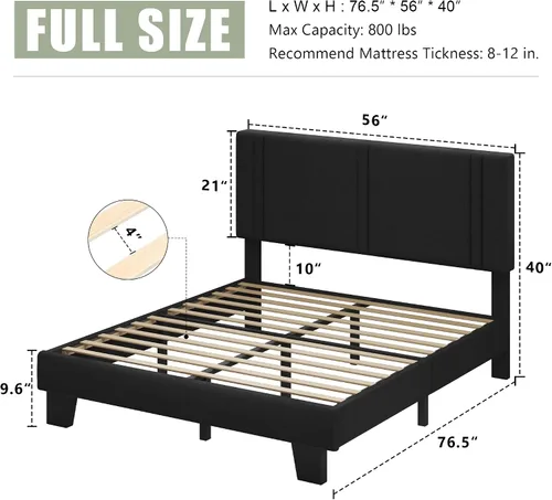 Miniatura 2 de Feonase Base de cama individual con plataforma doble, marco de cama individual tapizado en terciopelo, listones de madera maciza y soporte para pies