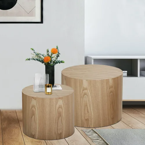 Miniatura 8 de JUSTONE Juego de mesa auxiliar anidable de 2 piezas, mesas redondas de madera de roble moderno para sala de estar para dormitorio y oficina en casa