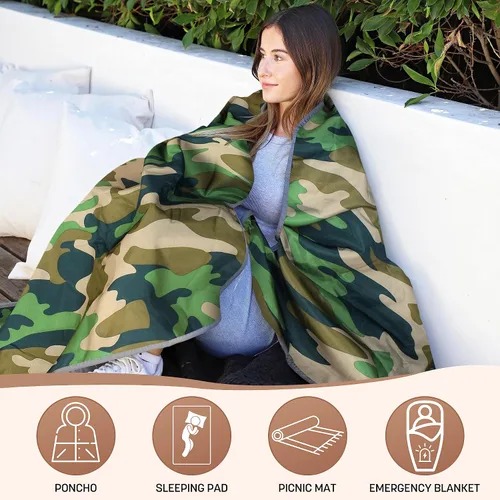 Miniatura 2 de Tirrinia Manta impermeable para exteriores con forro sherpa, resistente al viento, triple capa, cálida y cómoda, plegable para camping, estadio