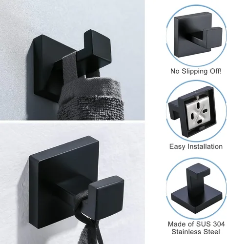 Miniatura 4 de TQKAG Gancho para toalla de baño, abrigo, bata negra, ganchos de pared de baño para cocina, garaje, montaje en pared de acero inoxidable Negro