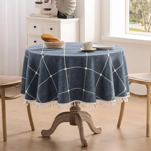 Miniatura 98 de ZeeMart - Mantel de mesa con diseño de cuadrícula boho y borlas (blanco roto, 132 cm x 132 cm), mantel de gran peso de lino a cuadros bordado