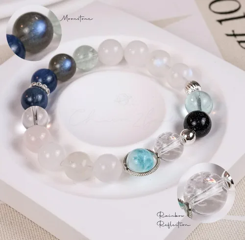 Miniatura 186 de Precious Gemstone Natural Crystal Healing Bracelet, Rutilated Quartz, Moonstone, Quartz Handmade Original Design Bracelet